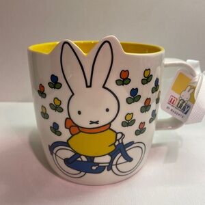 Miffy By Magenta Bunny On A Bike Coffee Mug 18oz Ceramic Yellow Interior Cup